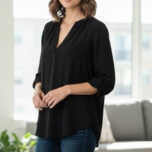 Lush Women’s Black Relaxed V-Neck long sleeve flowy blouse size medium‎